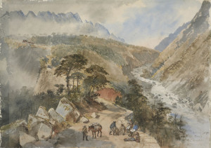 Otira Gorge Road, 1866. Nicholas Chevalier. Gift of Mrs Caroline Chevalier, the artist's widow, England, 1919. Te Papa